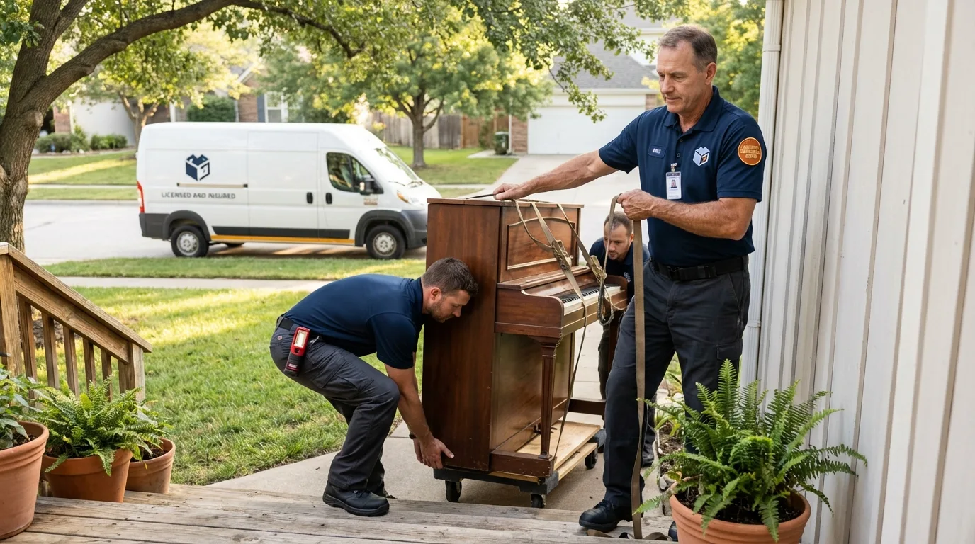 Licensed piano movers securing grand piano in Georgetown, IL