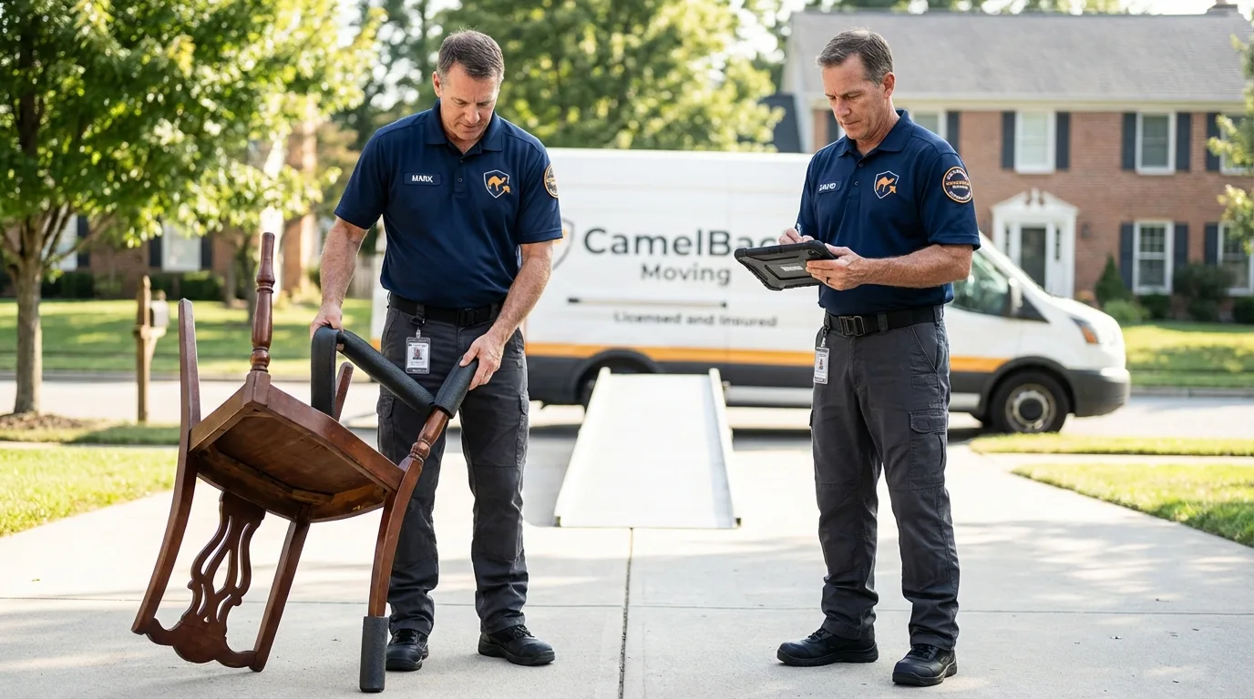 Movers inspecting furniture for damage prevention before loading in Georgetown, IL
