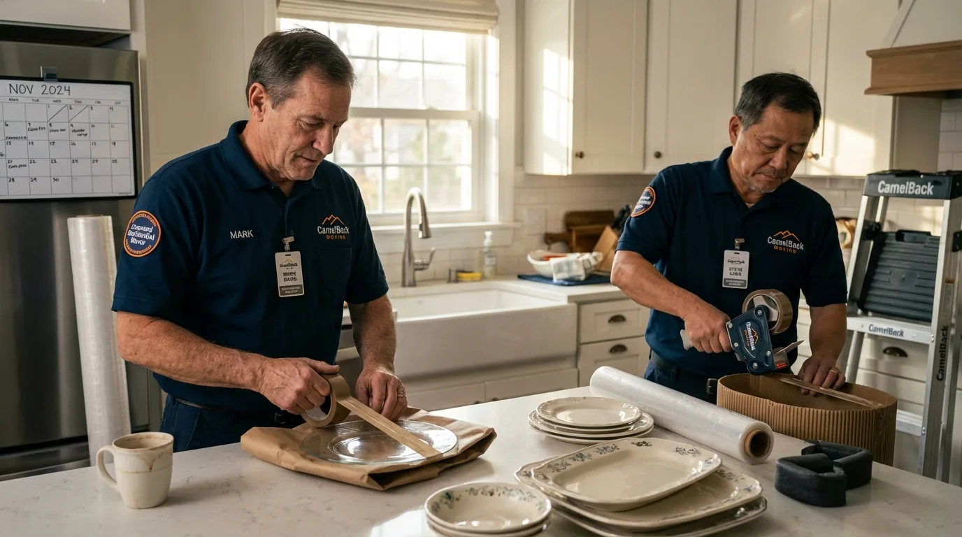 Professional crew packing kitchen dishware in Georgetown, IL